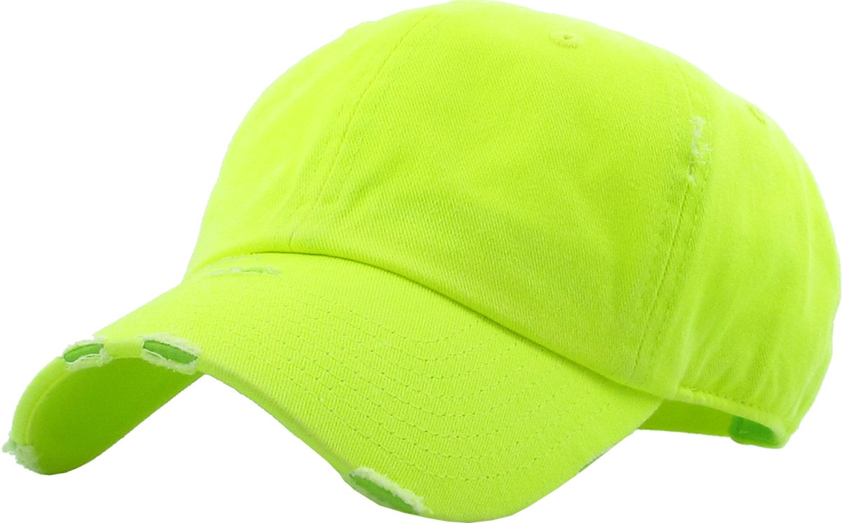 Neon Lime Distressed Vintage Baseball Cap Front Side View